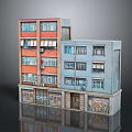 Multi Storey Residential Building With Red and Blue Facade Multiple Windows And Ground Floor Shops