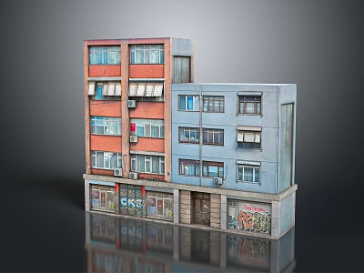 Multi Storey Residential Building With Red and Blue Facade Multiple Windows And Ground Floor Shops 3d model