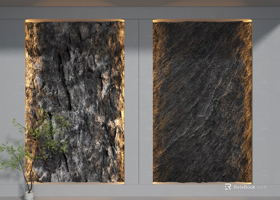 Dark Textured Background Wall with Ambient Lighting and Green Plant 3d model 