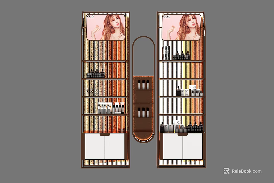 Elegant Modern Double sided Multi layer Display Shelves With Skincare Products And Posters 3d model 