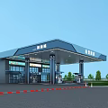 Modern Gas Station Exterior With Blue Canopy Fuel Pumps And Convenience Store
