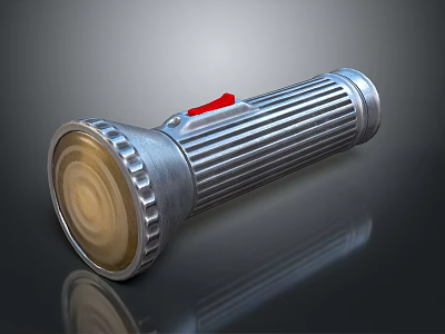 Sleek Silver Metal Flashlight With Red Switch And Reflective Surface Design 3d model