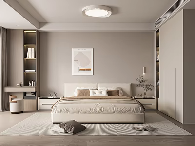 Modern Minimalist Bedroom Interior with Beige Walls Bedside Tables Wardrobe Carpet and Decorative Painting 3d model