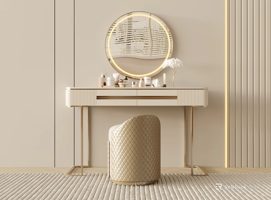 Elegant Modern Dressing Vanity With Gold Frame Round Mirror And Marble Top Stool 3d model 