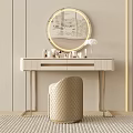 Elegant Modern Dressing Vanity With Gold Frame Round Mirror And Marble Top Stool 3d model