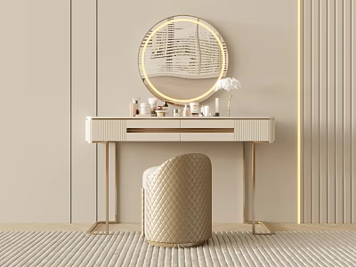 Elegant Modern Dressing Vanity With Gold Frame Round Mirror And Marble Top Stool 3d model