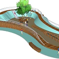 Outdoor Recreational Space With Curved Wooden Walkways Blue Surface And Tree Shaded Seating Area