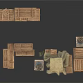 Household Items Stored In Wooden Crates With Covered Object And Small Crate Blue Item