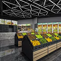 Modern Supermarket Grocery Store with Fresh Fruit Displays Shelves and Refrigerated Cases
