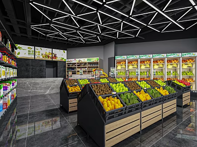 Modern Supermarket Grocery Store with Fresh Fruit Displays Shelves and Refrigerated Cases 3d model