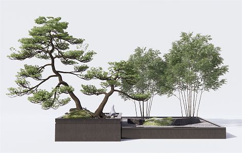 New Chinese style landscape sketch bamboo pine tree landscape sketch courtyard landscape rockery stone 3d model