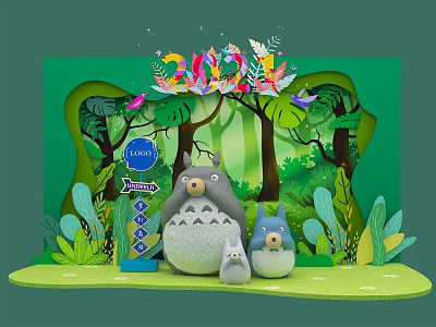 2024 Totoro Characters In Lush Green Forest Scene With Plants Trees And Birds 3d model