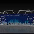 Modern Blue Background Wall With Hexagonal Frame Text City Silhouette And Logo 3d model
