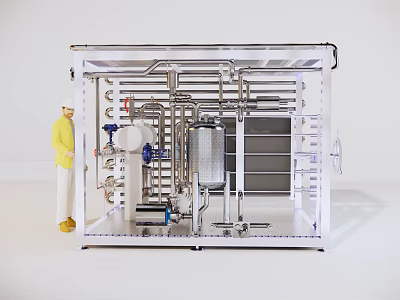 Advanced Industrial Equipment with Transparent Enclosure Internal Pipes Metal Structures and Person Inspecting 3d model