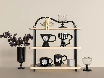 Stylish Three Tiered Shelf Displaying Black Patterned Butterfly Design Glass Cups with Decorative Figurine 3d model