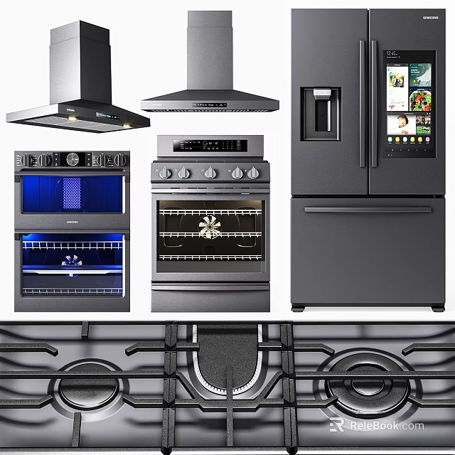 Modern Kitchen Appliances Featuring Range Hoods Ovens Refrigerator And Gas Stove 3d model 