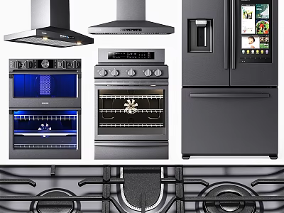 Modern Kitchen Appliances Featuring Range Hoods Ovens Refrigerator And Gas Stove 3d model