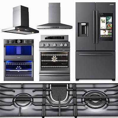 Modern Kitchen Appliances Featuring Range Hoods Ovens Refrigerator And Gas Stove 3d model