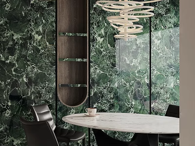 Elegant Modern Restaurant Interior With Green Marble Walls Round Table And Hanging Chandelier 3d model