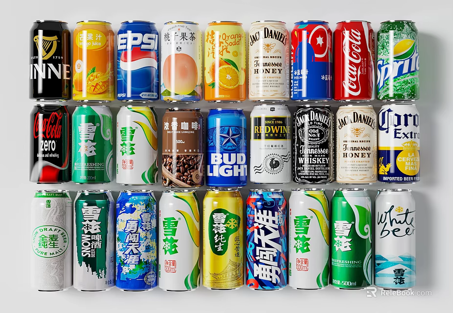 Colorful Canned Beverages With Different Brands Including Soda Beer Juice And Tea 3d model 