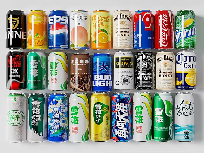 Colorful Canned Beverages With Different Brands Including Soda Beer Juice And Tea 3d model