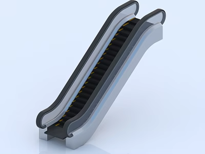 Modern Escalator Design With Silver Frame Black Steps And Yellow Warning Stripes 3d model