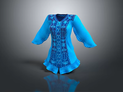 Elegant Intricate Patterned Blue Tunic With Flared Sleeves And Ruffled Hem 3d model