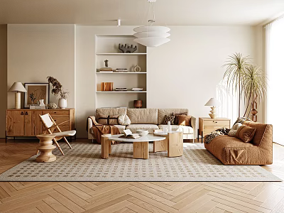 Modern Living Room Interior Design With Sofa Coffee Table Area Rug Bookshelf And Pendant Light 3d model