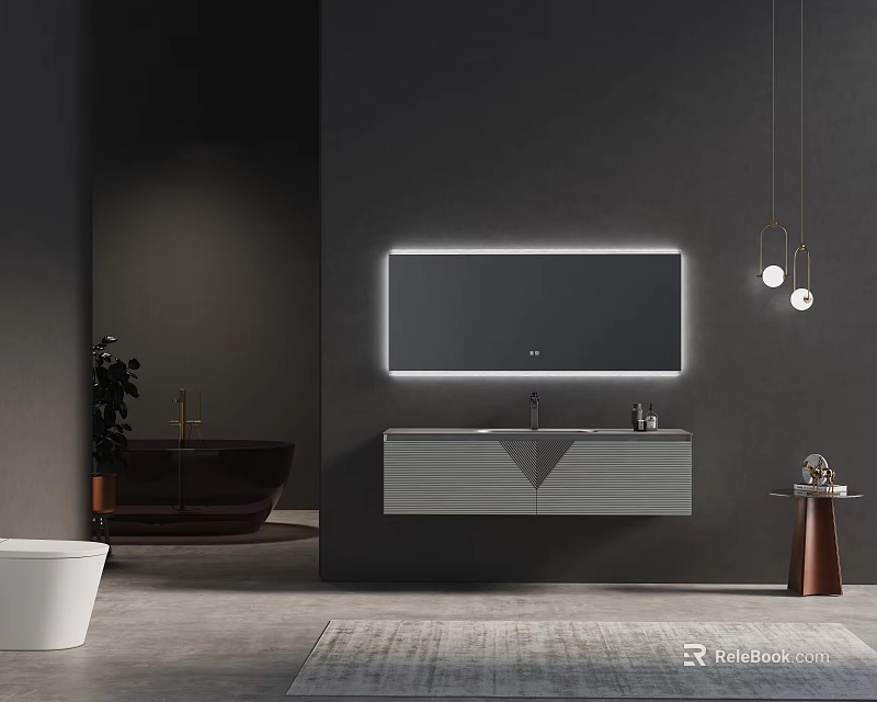 Modern Bathroom Interior With Sleek Washbasin Vanity Lighted Mirror And Dark Gray Wall 3d model 