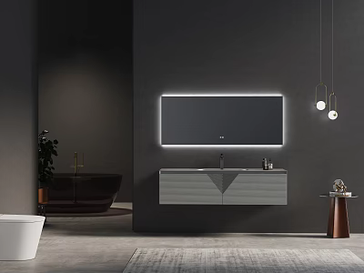 Modern Bathroom Interior With Sleek Washbasin Vanity Lighted Mirror And Dark Gray Wall 3d model