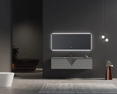 Modern Bathroom Interior With Sleek Washbasin Vanity Lighted Mirror And Dark Gray Wall 3d model