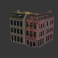 Cartoon Scene of Three Story European Building With Gray Exterior Green Door and Multiple Windows