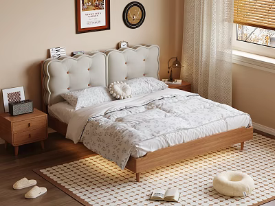 Double Bed With Upholstered Headboard Wooden Frame Nightstands Table Lamp And Cozy Bedroom Rug 3d model