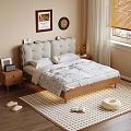 Double Bed With Upholstered Headboard Wooden Frame Nightstands Table Lamp And Cozy Bedroom Rug