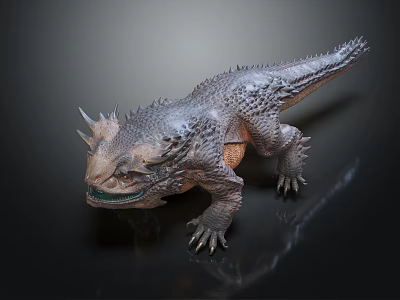Fierce Aquatic Animal 3D Model With Scaly Skin Spiked Head Sharp Claws And Long Tail 3d model