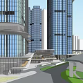 Modern Commercial Complex With Glass Facades Tall Buildings Roads Vehicles And Greenery