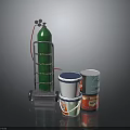 Everyday Household Items With Wheeled Cart Colorful Cans And Green Gas Cylinder