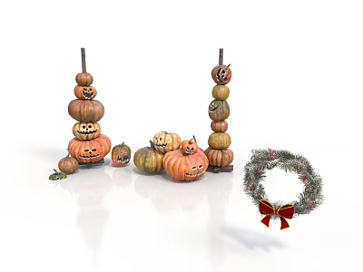Colorful Fall Pumpkin Decorations With Stacked Designs Jack O Lanterns And Wreath 3d model