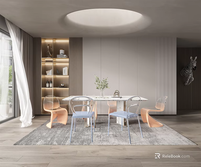 Modern Restaurant Dining Area With Round Ceiling Light And Transparent Chairs 3d model