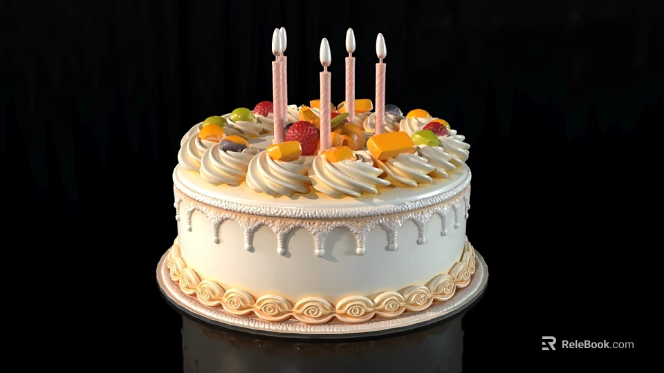 White Birthday Cake With Cream Decoration Fresh Fruits And Four Candles On Decorative Tray 3d model 