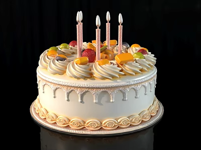 White Birthday Cake With Cream Decoration Fresh Fruits And Four Candles On Decorative Tray 3d model