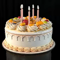 White Birthday Cake With Cream Decoration Fresh Fruits And Four Candles On Decorative Tray