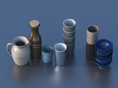 Assorted Color Tableware Set With Jug Bottle Stacked Cups And Bowls For Kitchen 3d model