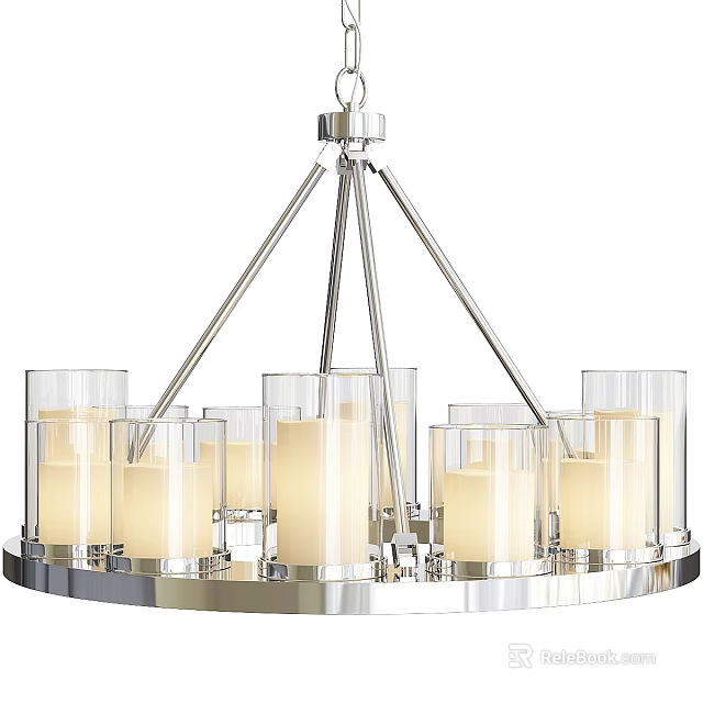 Modern Chrome Chandelier with Metal Frame Glass Candle Holders and Candle Shaped Lights 3d model 