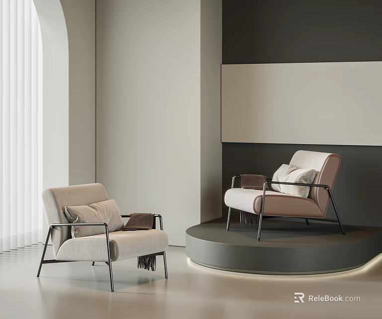 Modern Accent Chairs with Metal Frames Light Colored Cushions in Contemporary Interior Space 3d model