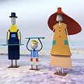 Cartoon Family Characters On Beach Holding Tray With Colorful Outfits