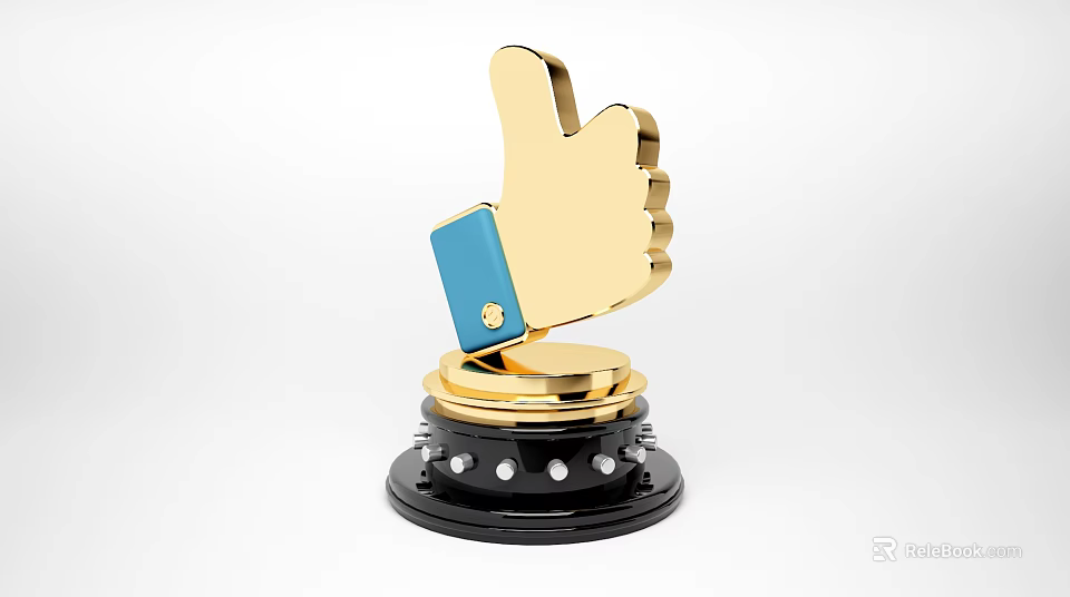 Golden Thumbs Up Trophy With Black Base And Blue Accent Silver Dots 3d model 