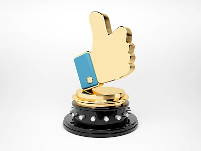 Golden Thumbs Up Trophy With Black Base And Blue Accent Silver Dots 3d model