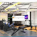 Modern Gym Fitness Area With Treadmills Exercise Bikes Weight Benches TV Screen And GYM Sign