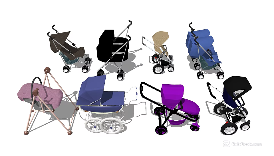 Various Colorful Baby Strollers with Different Designs and Wheel Styles 3d model 